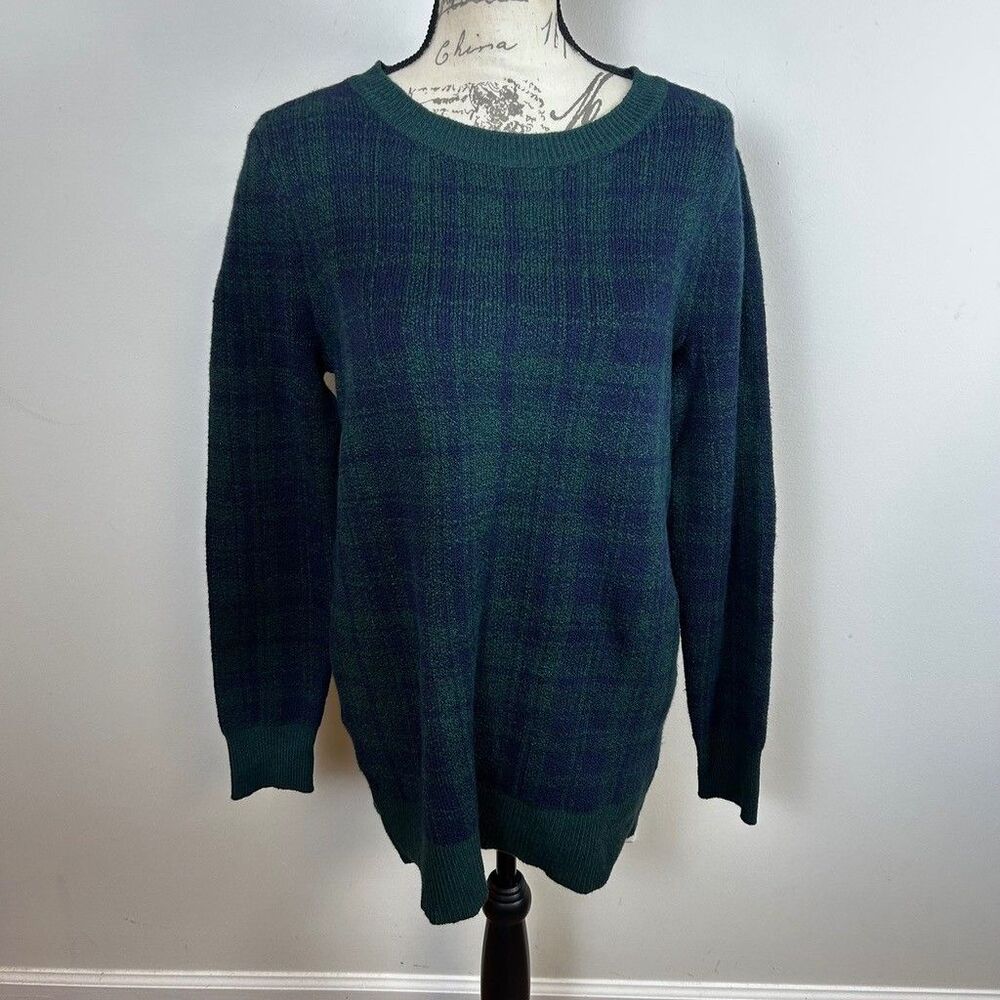 Loft Outlet Plaid Sweater Womens Medium Green Blue Crewneck Long Sleeve Knit New